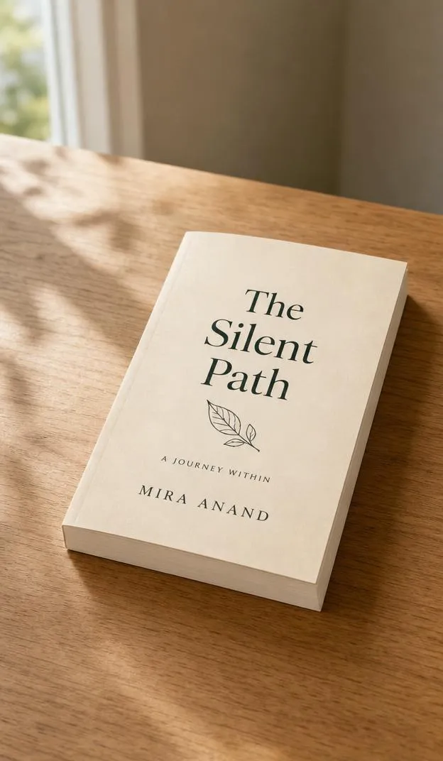 Paperback book lying diagonally on a wooden desk with the front cover facing upward.