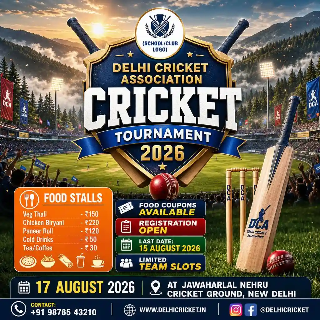 Modern school cricket championship poster featuring cricket bat, stumps, ball, and school ground at sunset.