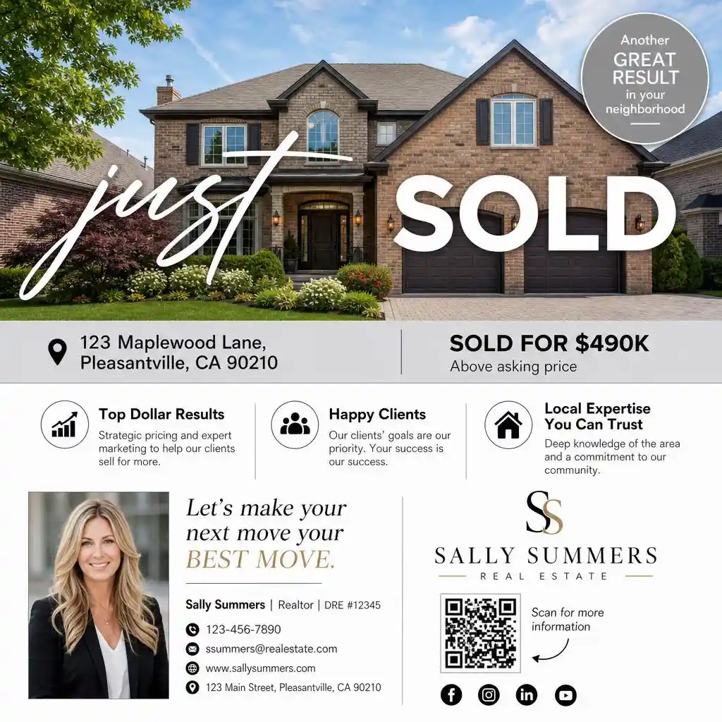 Just sold real estate flyer highlighting a recently sold luxury home and agent success story.