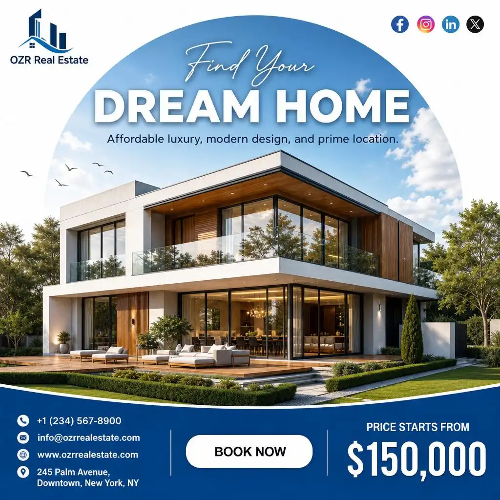Modern luxury villa real estate flyer featuring a contemporary home with premium branding and pricing details.