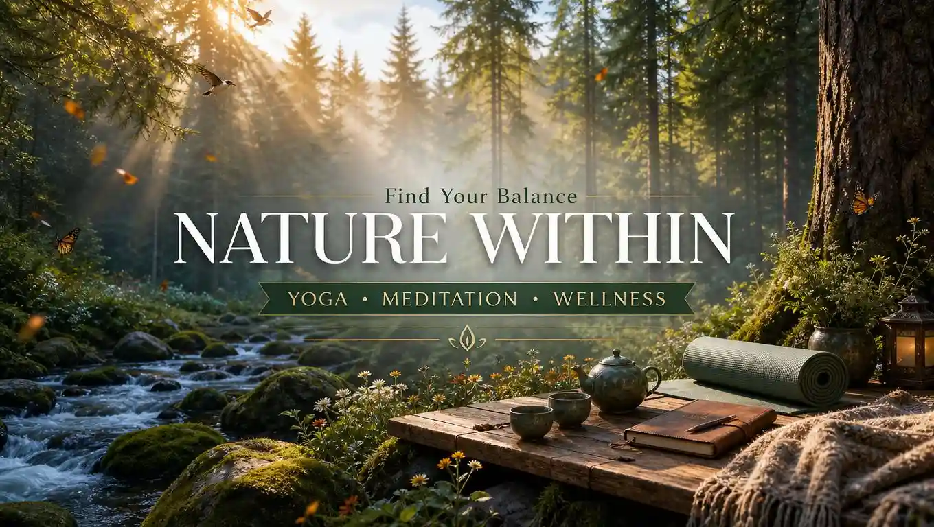 Person practicing yoga in a peaceful forest during sunrise.