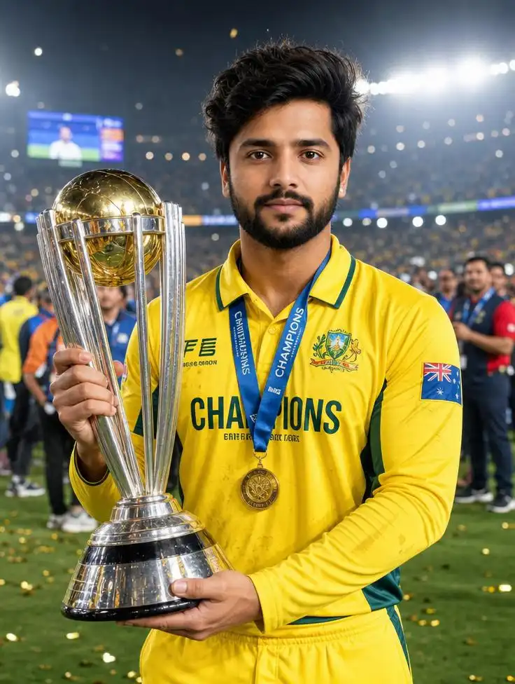 Professional cricket champion holding a championship trophy and winner's medal in a floodlit stadium.