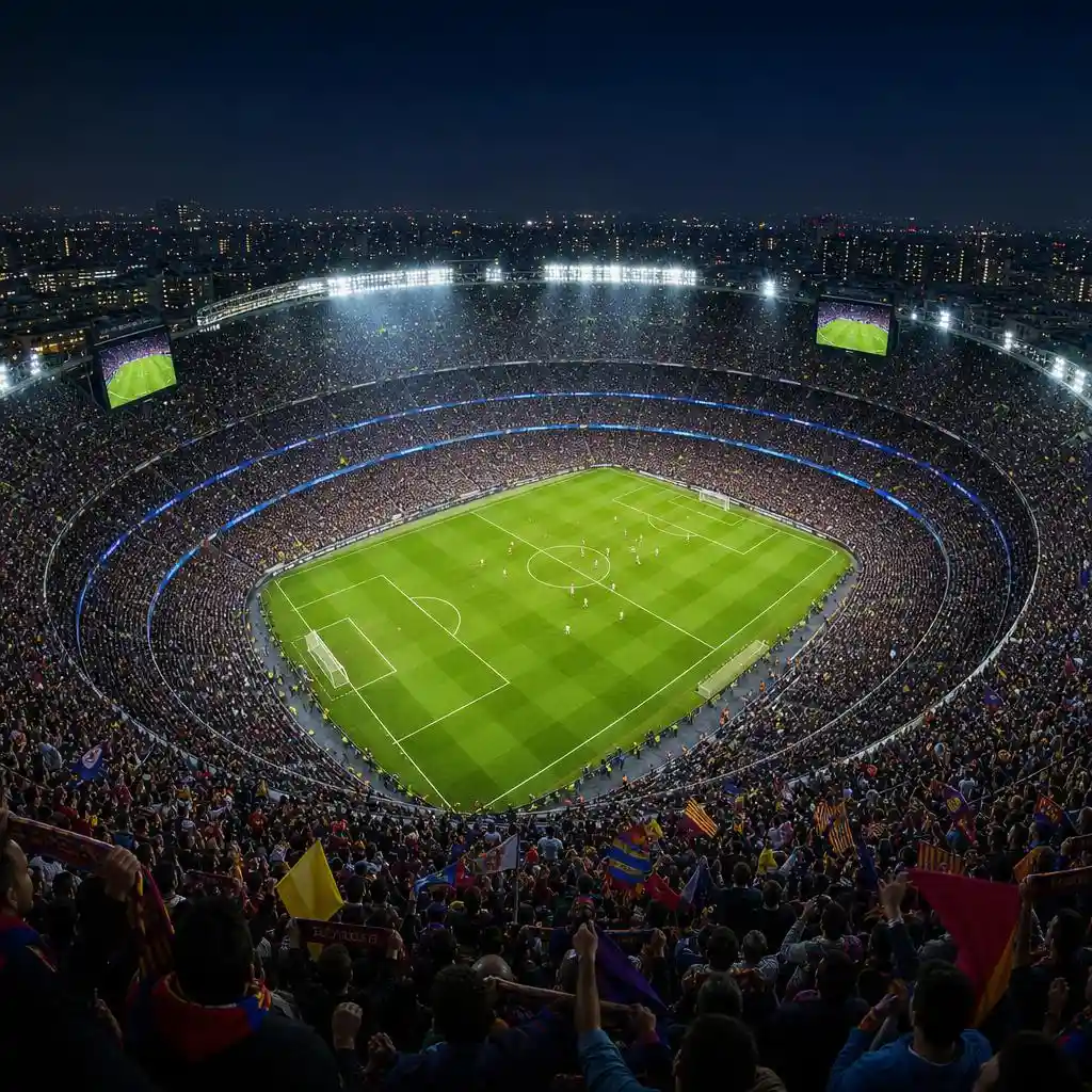 Packed football stadium during a live night match under bright floodlights.