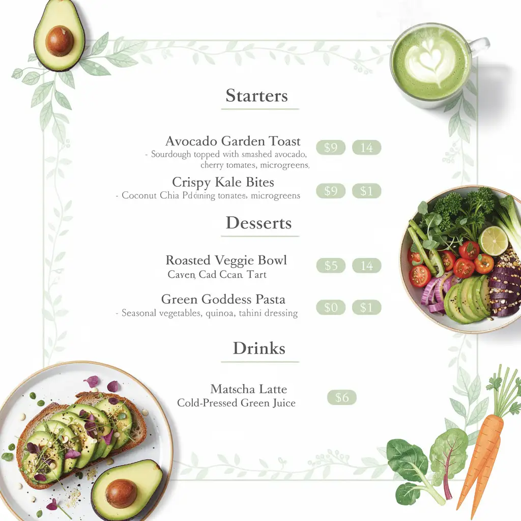 Fresh vegan restaurant menu with botanical illustrations, healthy dishes, and modern typography.