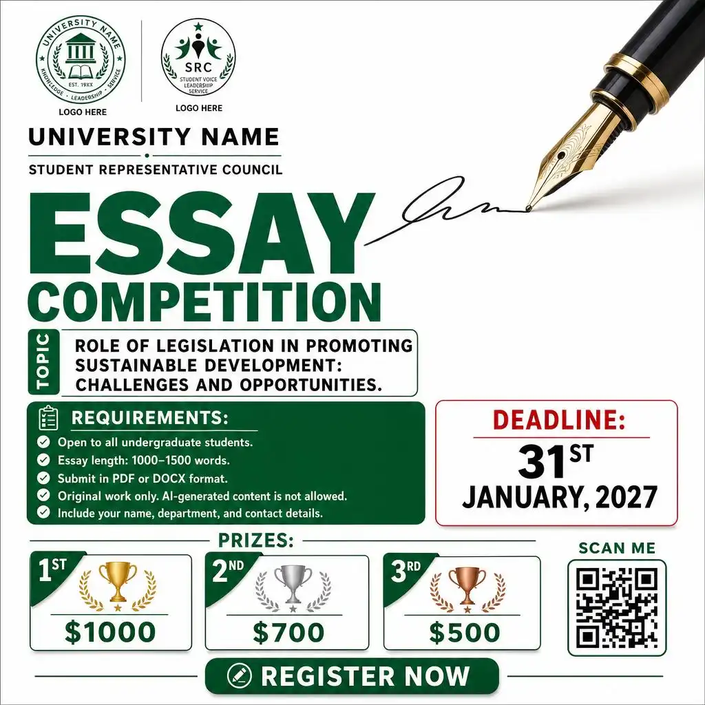 Creative essay competition poster for university students.