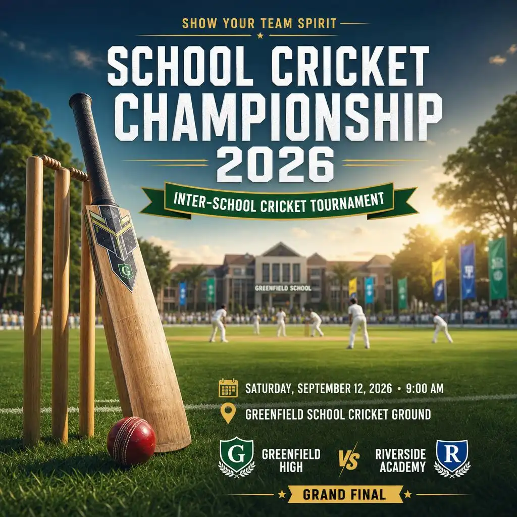 Modern school cricket championship poster featuring cricket bat, stumps, ball, and school ground at sunset.