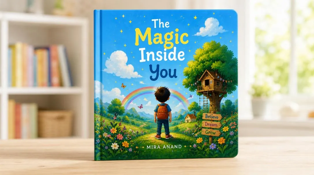 Sturdy hardcover children's book standing at an angle in a bright, playful setting.