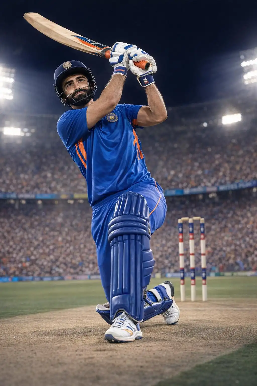 Cricket batting action shot in a floodlit stadium.