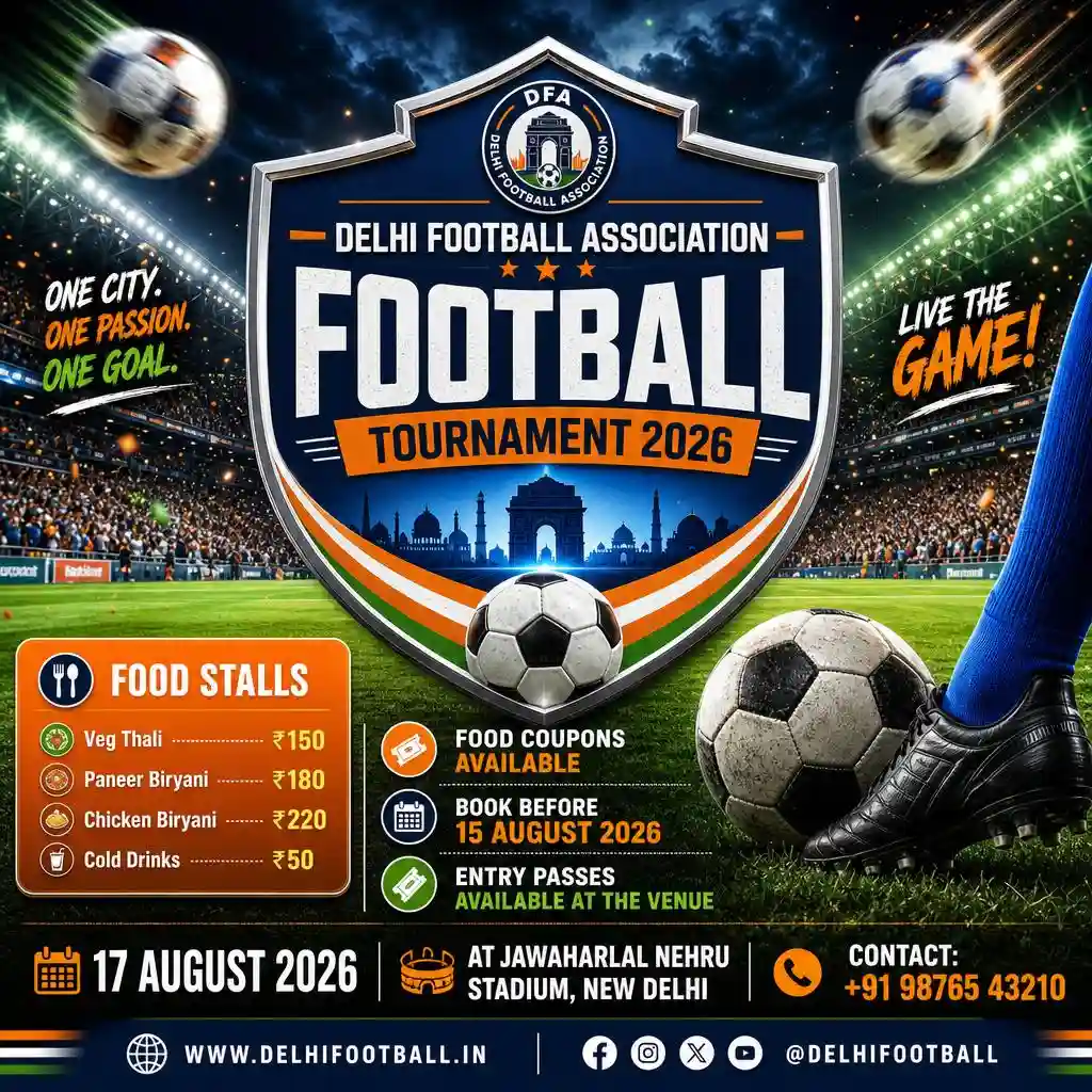 Football tournament announcement poster with shield badge, stadium, and event details.