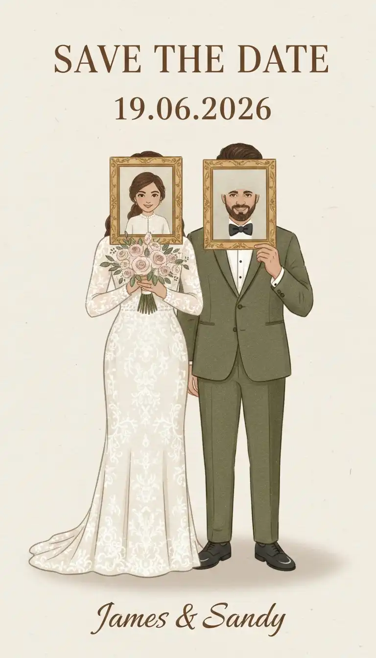 Vintage-style AI save-the-date wedding invitation with illustrated couple portraits and elegant typography.