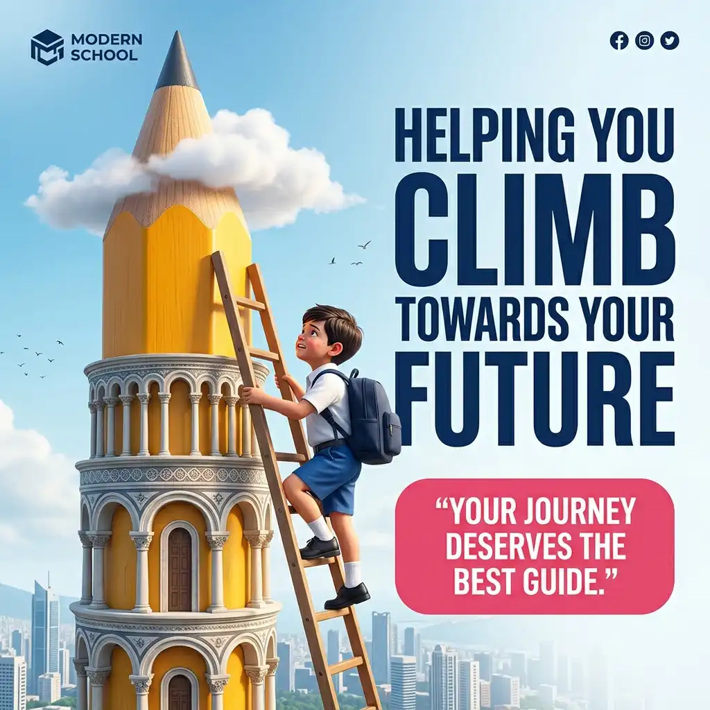 Motivational school poster with boy climbing giant pencil.
