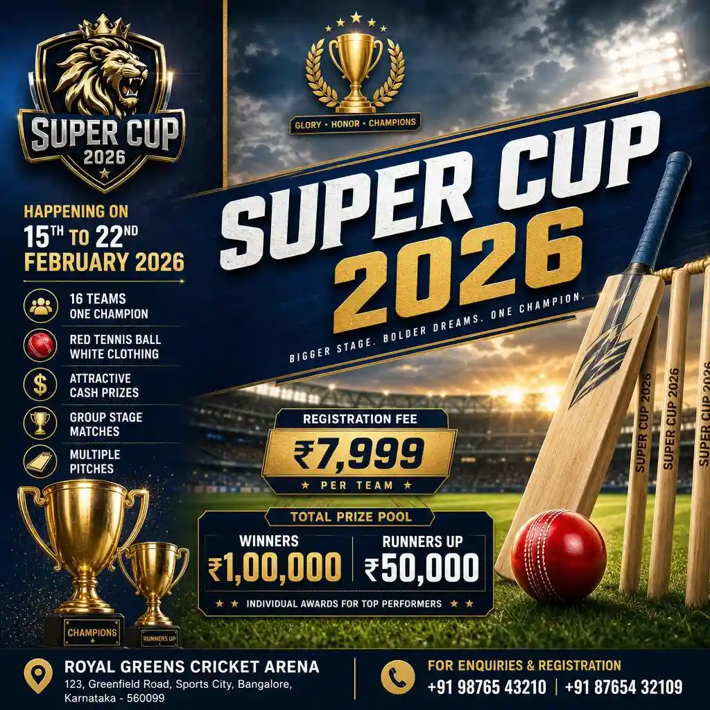 Premium Super Cup 2026 cricket tournament poster with trophy, lion crest, cricket bat, and stadium background.
