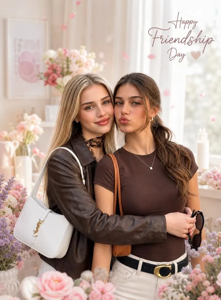 A dreamy Friendship Day selfie surrounded by pastel flowers, soft lighting, and elegant décor.