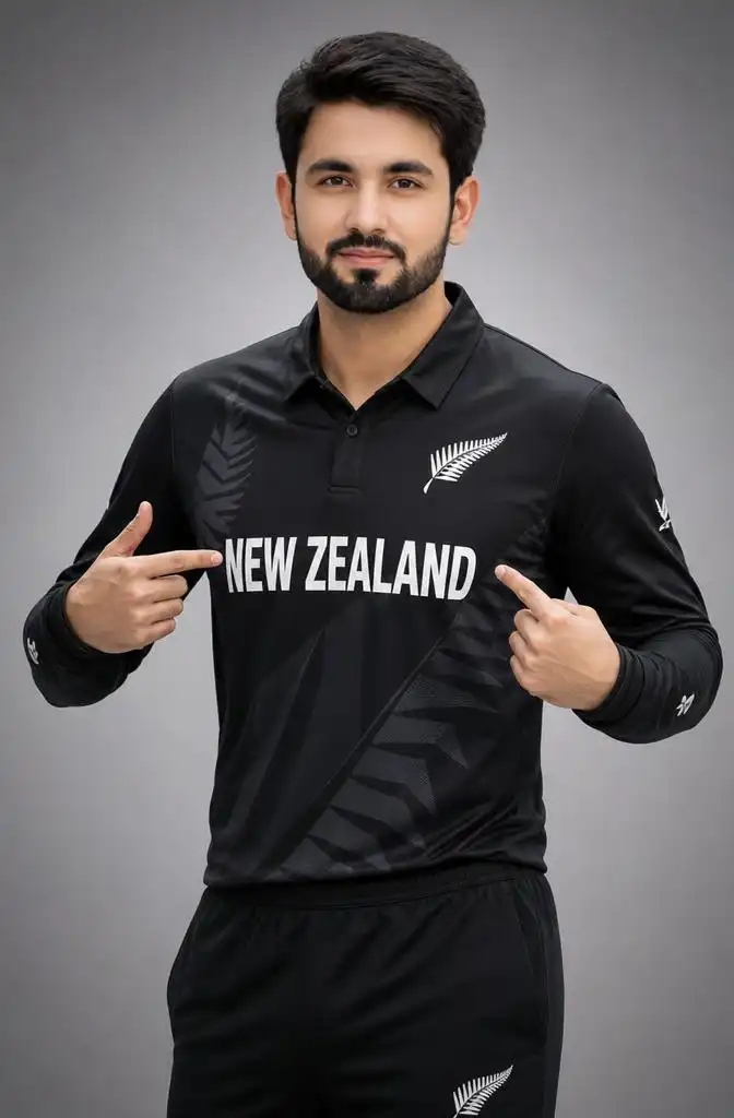 Personalized New Zealand cricket player portrait pointing at the team jersey in a professional studio.
