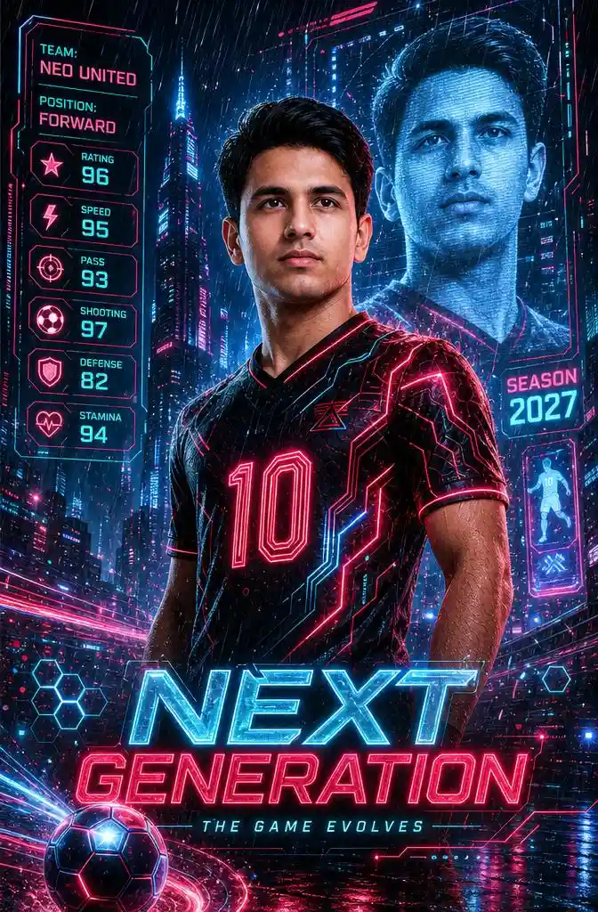 Futuristic cyber football poster with neon player, holograms, and sci-fi stadium.