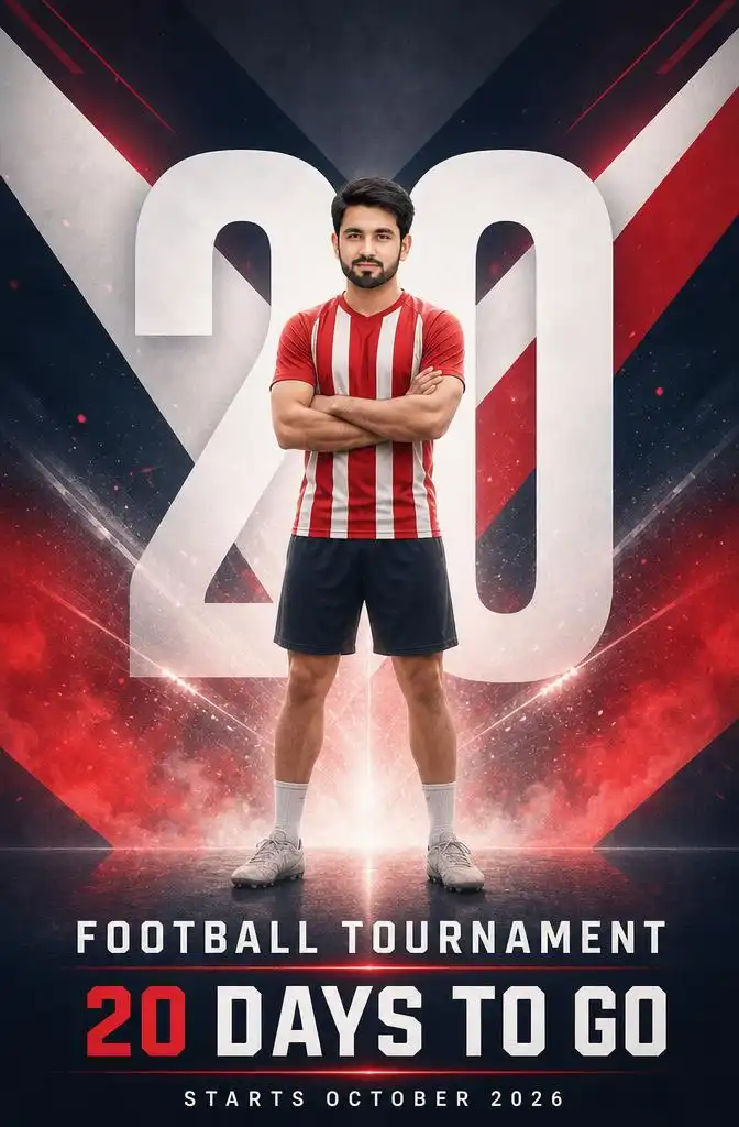 Football tournament countdown poster with bold number and athlete.