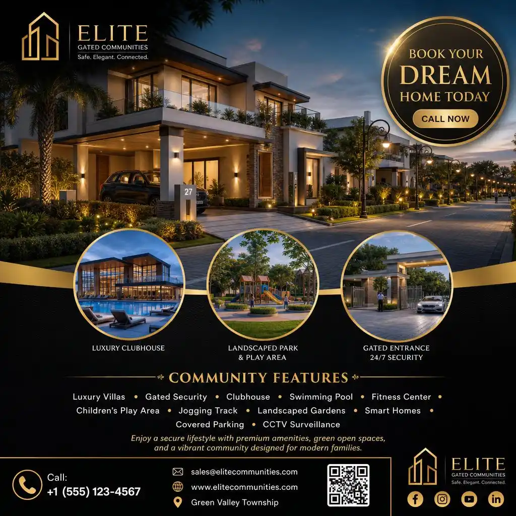 Gated community flyer showcasing luxury villas, landscaped surroundings, and premium community facilities.