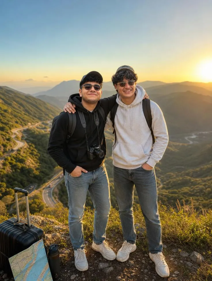 Two best friends posing at a mountain viewpoint during sunrise, surrounded by scenic landscapes and travel gear.