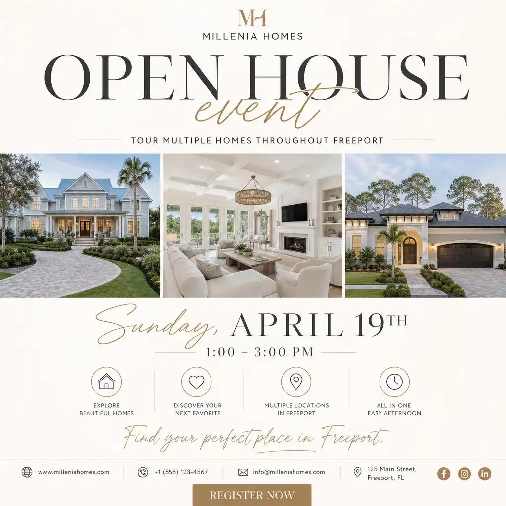 Open house invitation flyer with luxury home interiors, event details, and registration information.