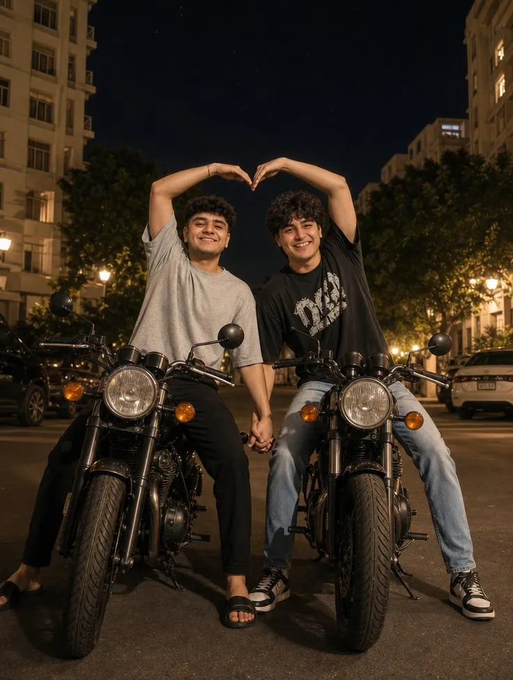 Two best friends sitting on motorcycles at night, forming a heart shape with their hands in a modern apartment parking area.