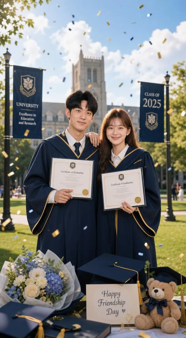 A boy and girl best friend celebrating graduation on a university campus in caps and gowns.