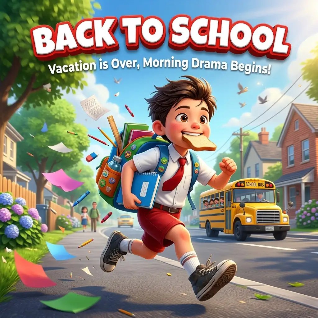 3D cartoon back-to-school poster with running schoolboy.