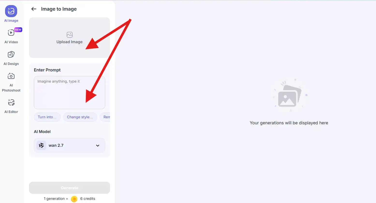 Screenshot of the Text to Image interface showing the prompt input box highlighted with a red arrow, where users enter a text prompt to generate an AI image.