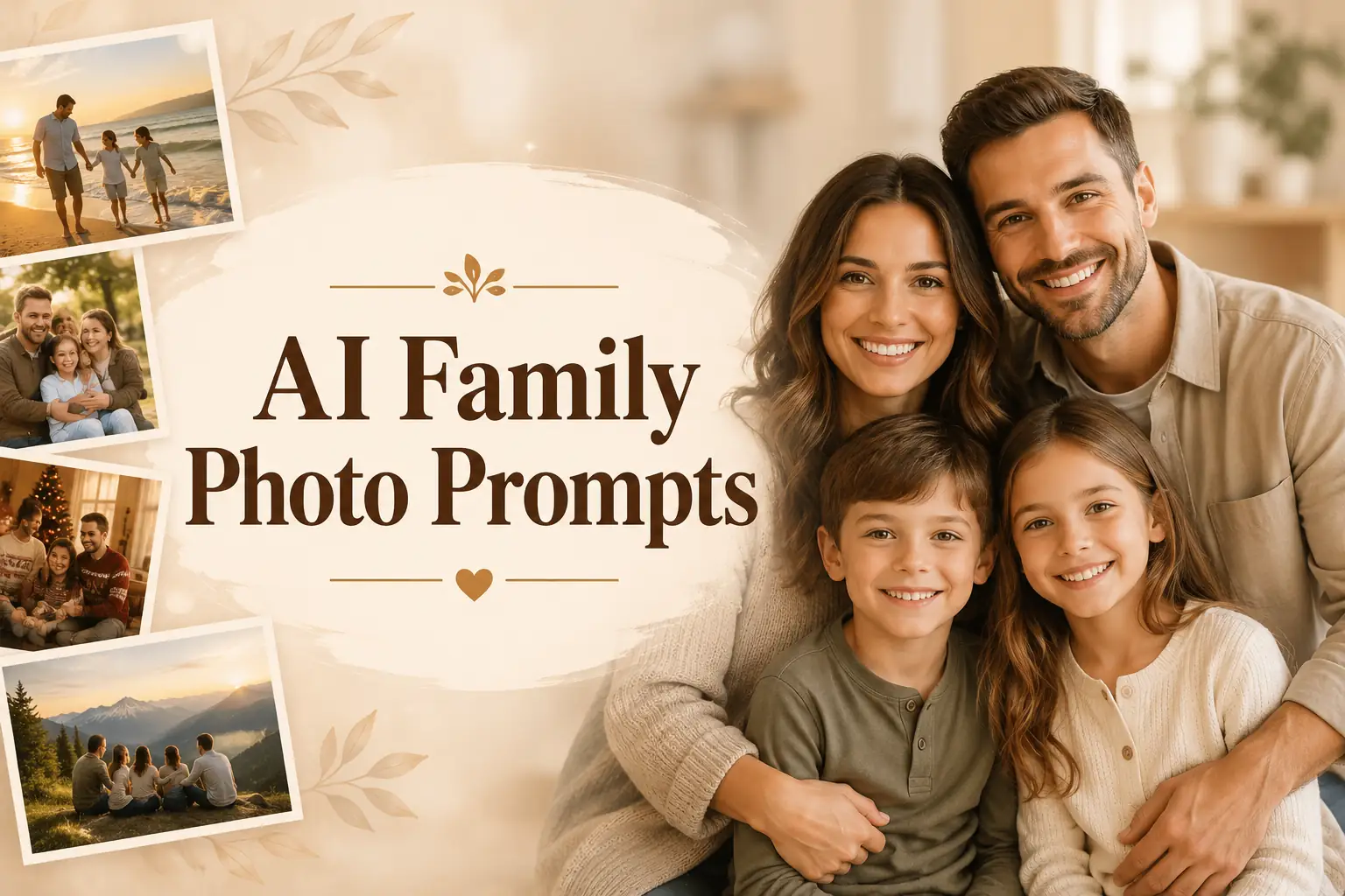 Professional AI Family Photo Prompts banner featuring a happy family and realistic portrait styles.