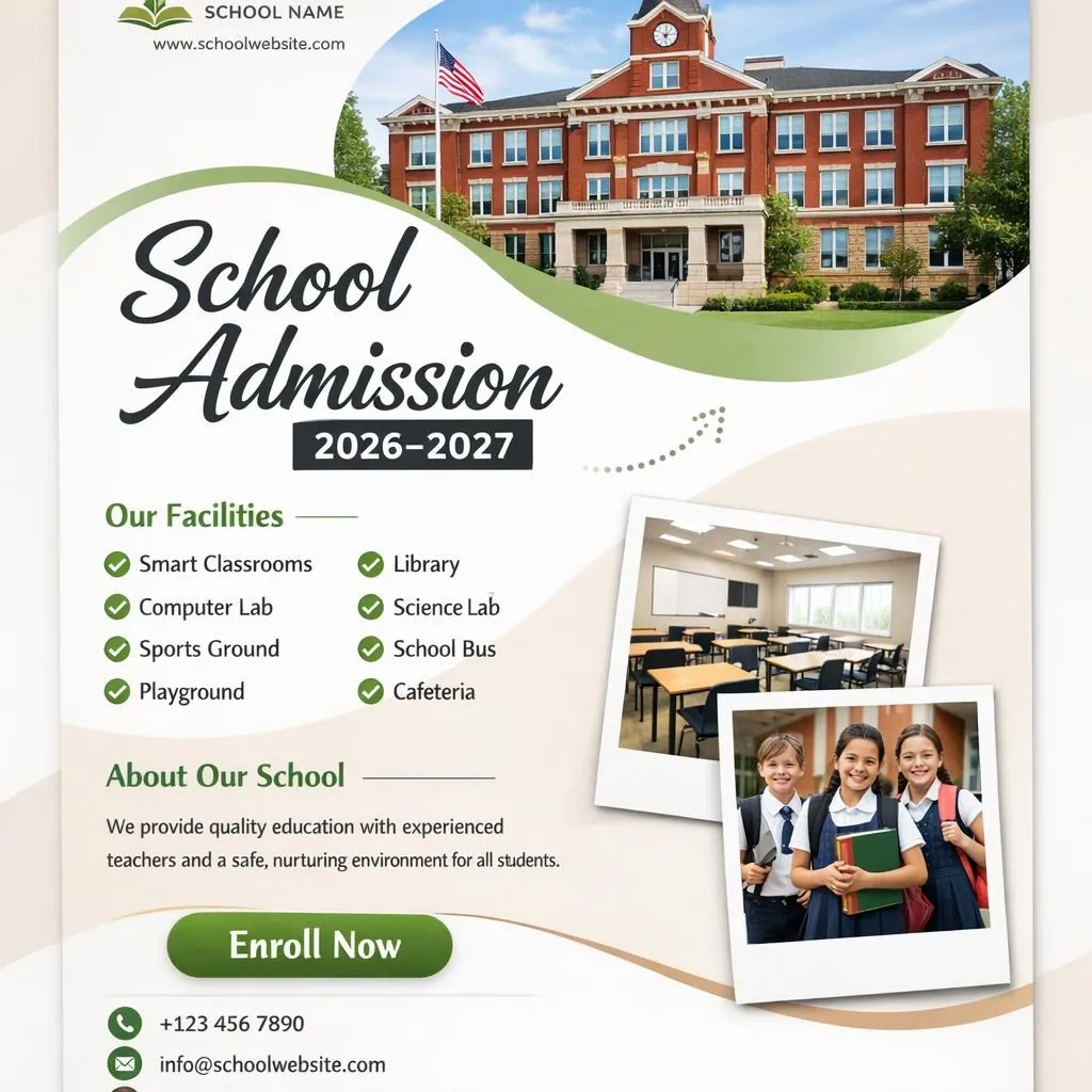 Modern college admission flyer with campus and student.