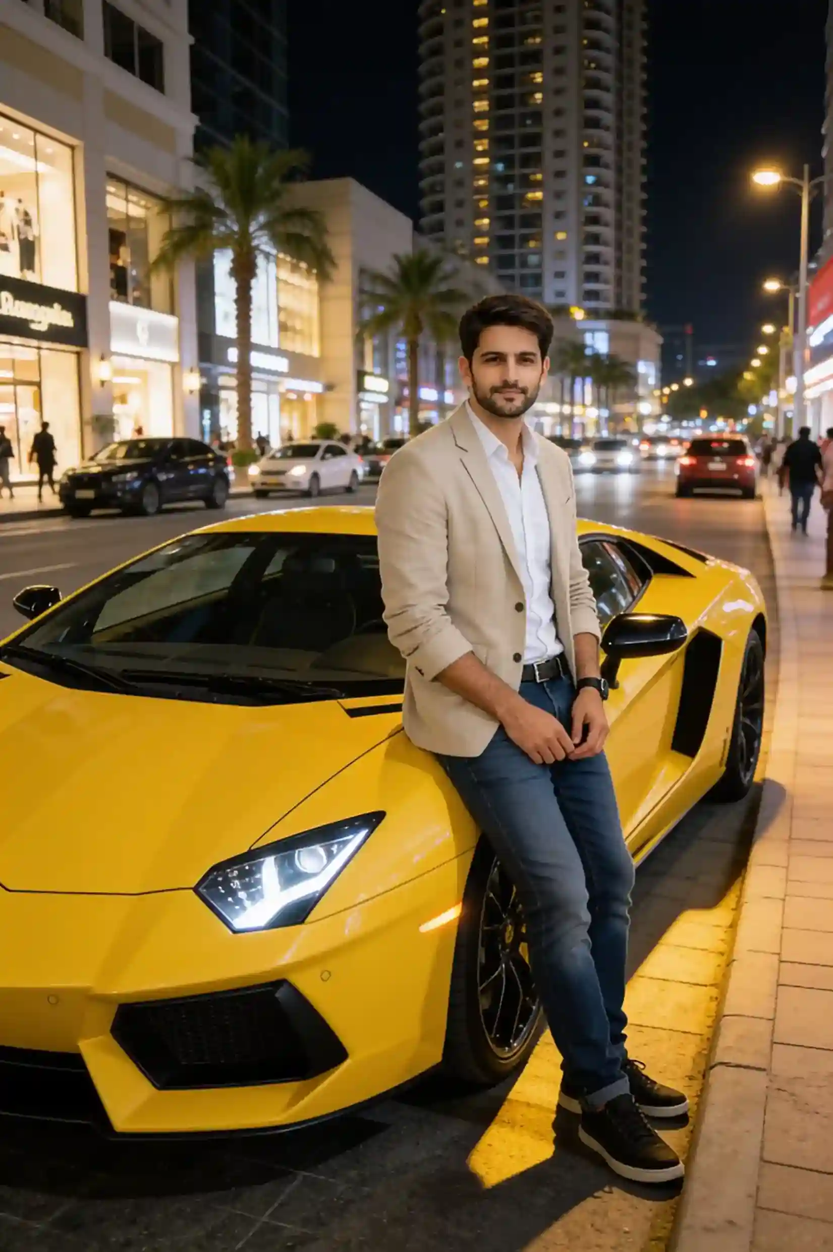 Person leaning beside a yellow Lamborghini Huracan on a luxury city street at night with illuminated buildings.