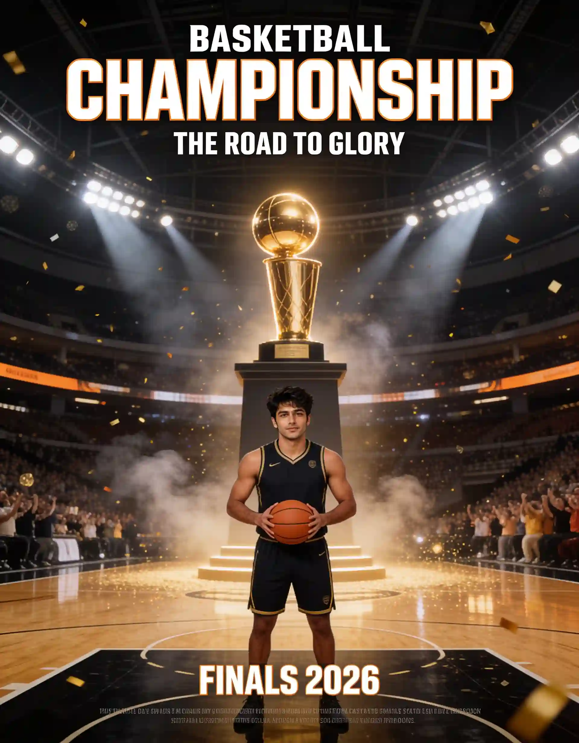 Basketball player posing with a championship trophy in an arena.