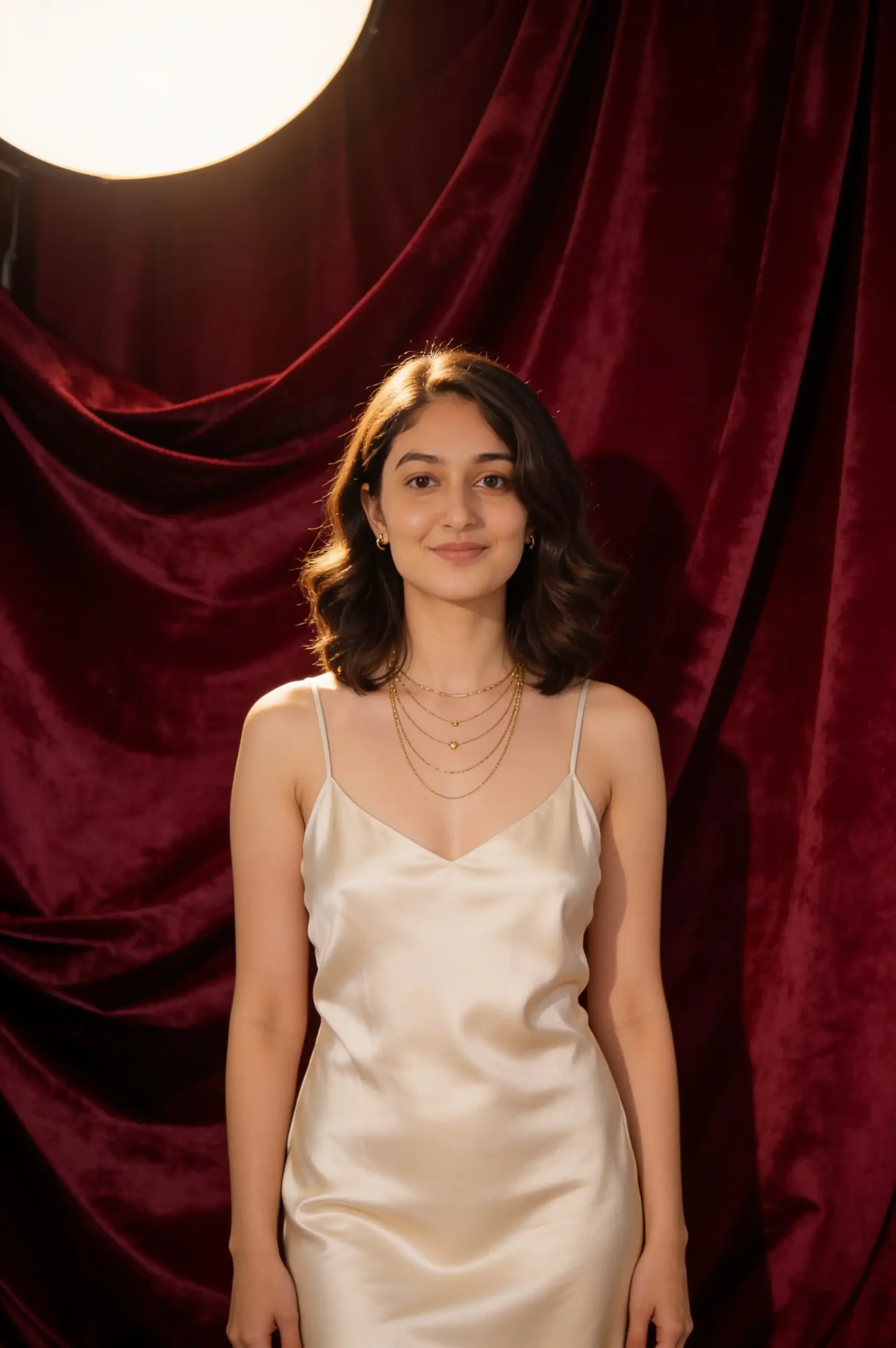 Woman in a champagne satin dress posing against a luxurious red velvet backdrop.