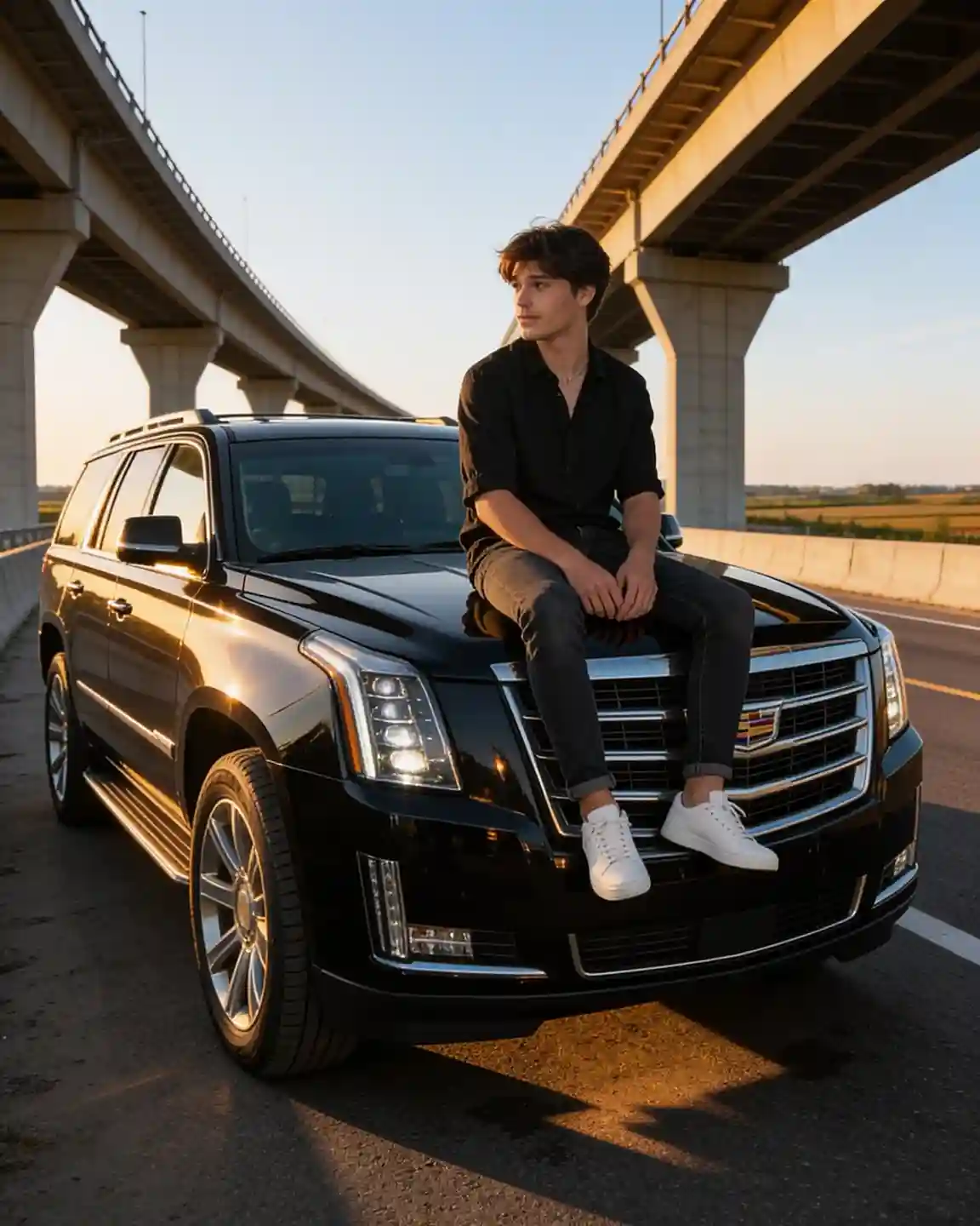 Person sitting casually on a black luxury SUV parked on an open highway during warm golden-hour sunlight.