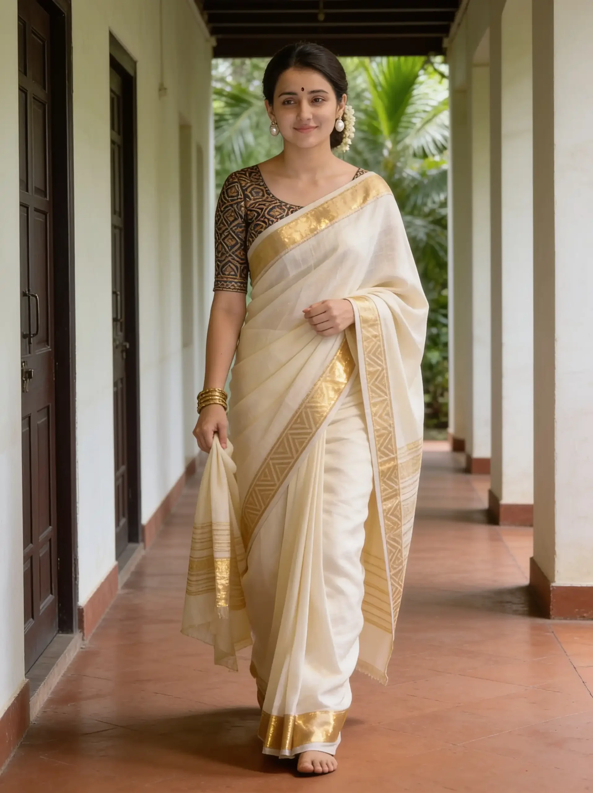 Woman in a modern ivory Kasavu saree posing in a minimalist Kerala heritage corridor.