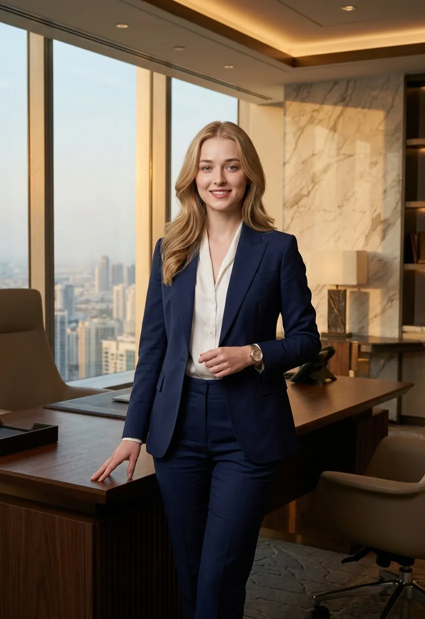 Emprendedora femenina en una oficina ejecutiva de lujo con interiores premium y un estilo empresarial sofisticado.