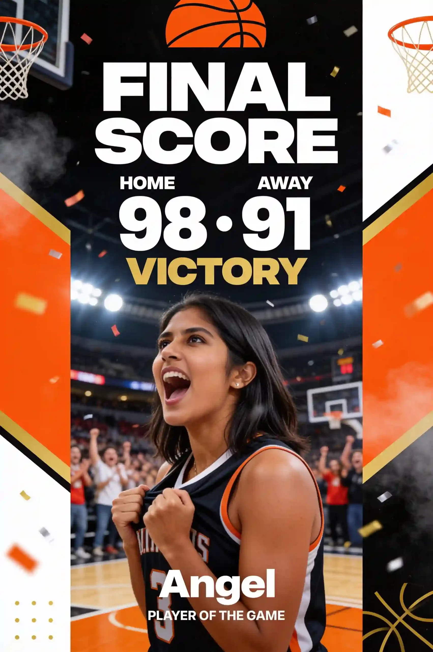 Basketball player celebrating a victory in a final score poster.
