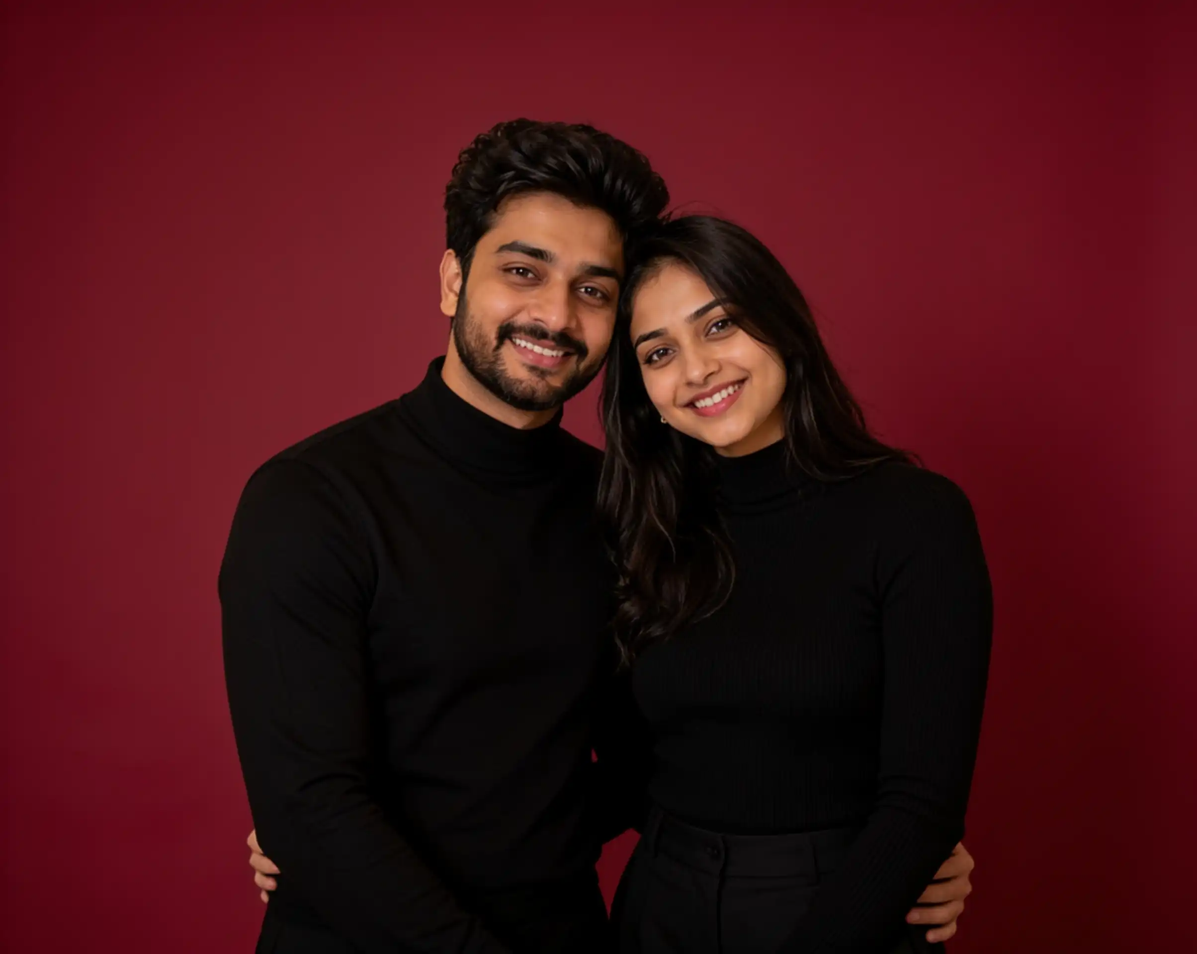 Couple posing together in black outfits against a deep crimson-red studio backdrop.