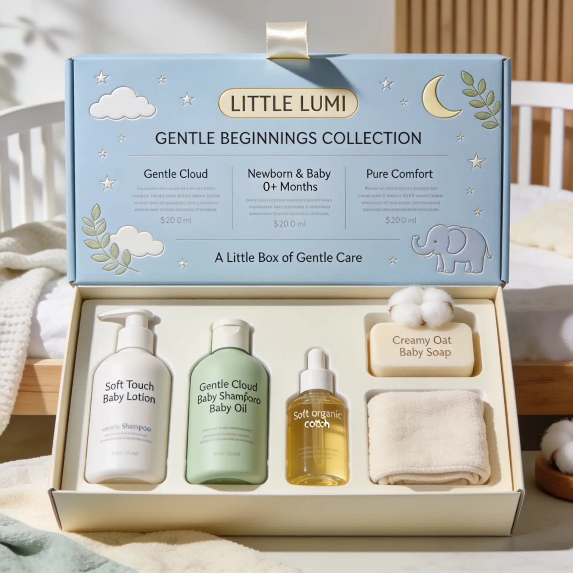 Premium baby care gift box with lotion, shampoo, oil, soap, and cotton washcloth