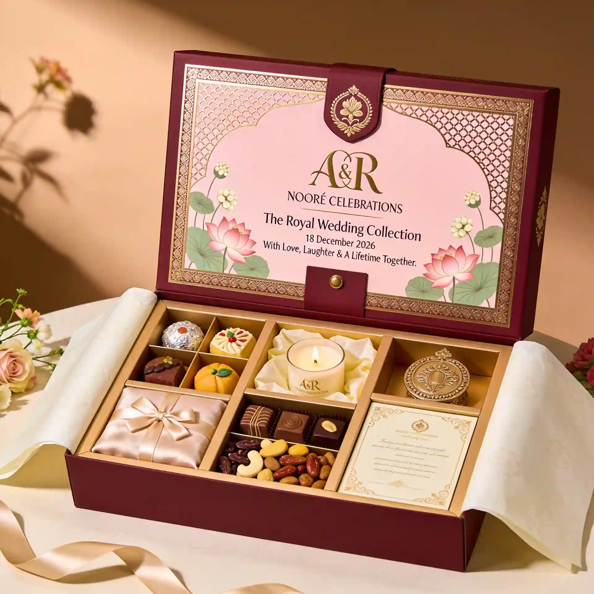 Luxury Indian wedding gift box with mithai, chocolates, dry fruits, and candle