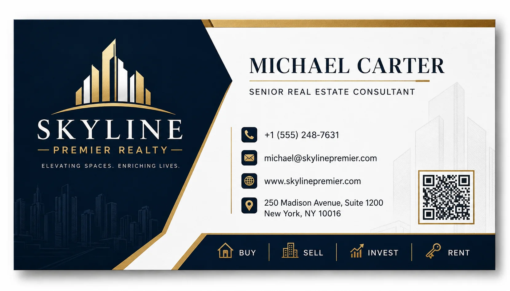 Luxury navy-and-gold real estate business card with premium matte texture, gold foil accents, embossed typography, and architectural details.