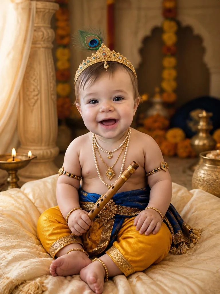 Classic Little Krishna seated on a cream cushion in a yellow-and-blue traditional outfit, holding a wooden flute in a warm Vrindavan-inspired setting.