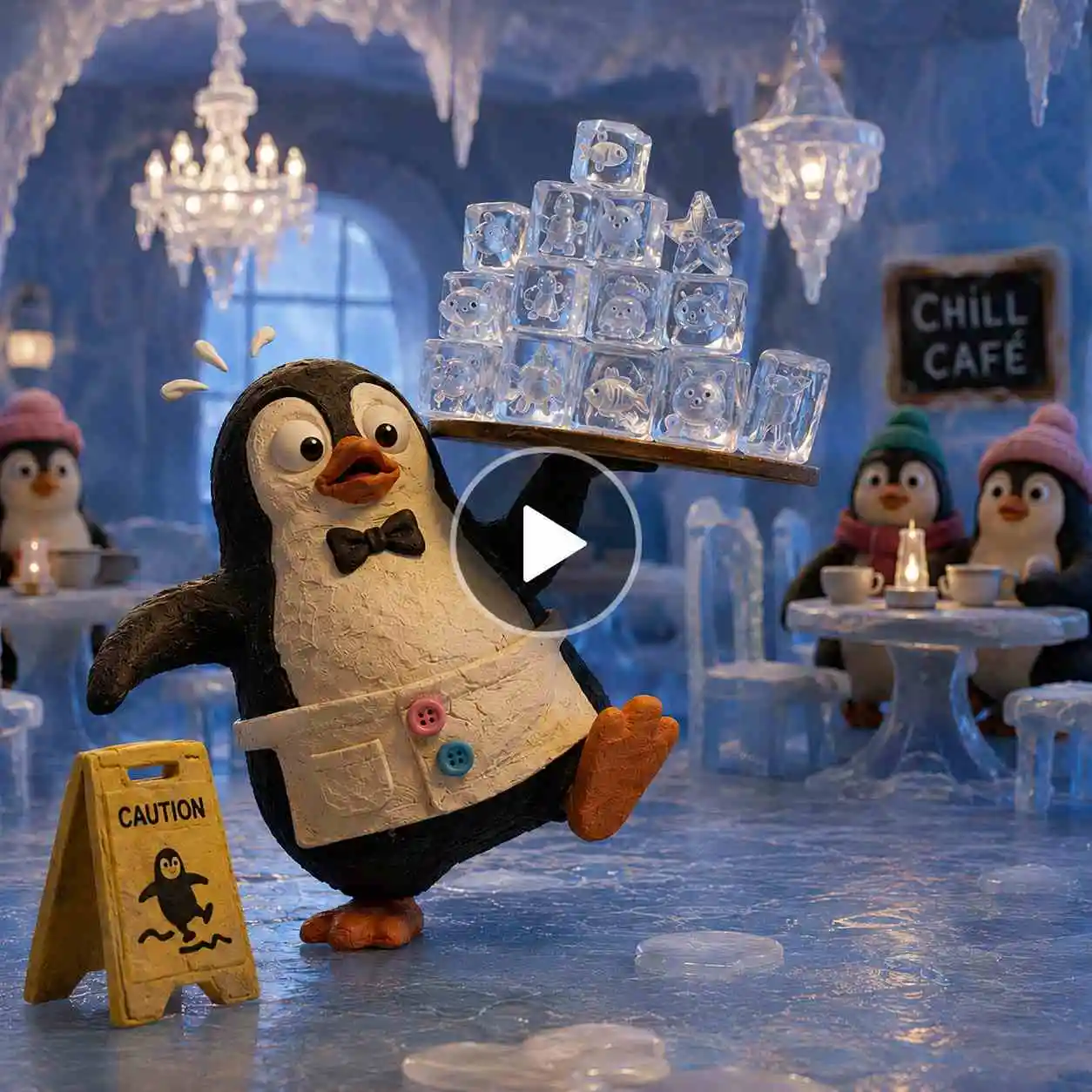 Claymation penguin waiter struggling to balance a tray of ice cubes inside a frozen café.
