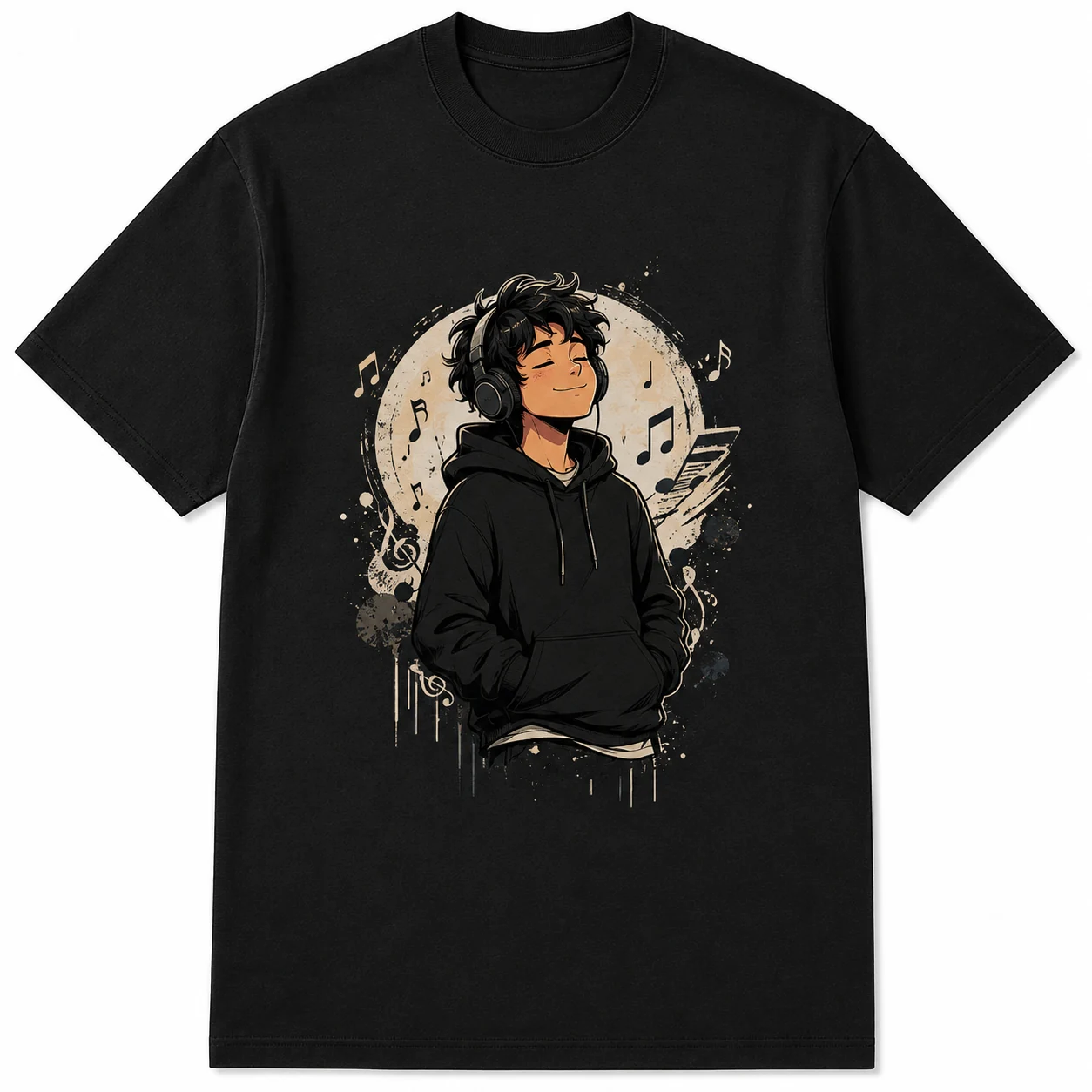 Black T-shirt with a graphic design displayed in a clean front-view studio product mockup.