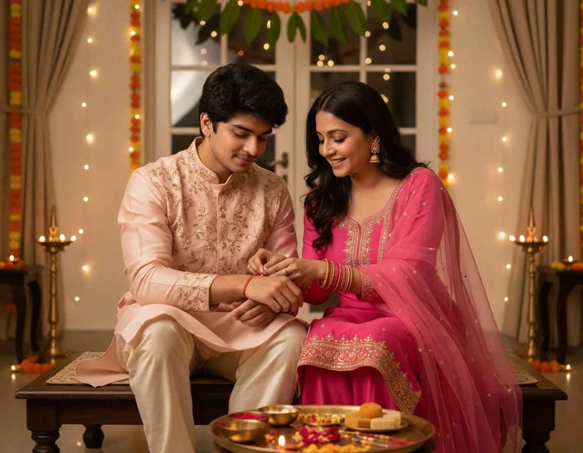 Brother and sister in traditional Indian outfits tying a rakhi in a warmly decorated home with diyas, marigolds, and a pooja thali.