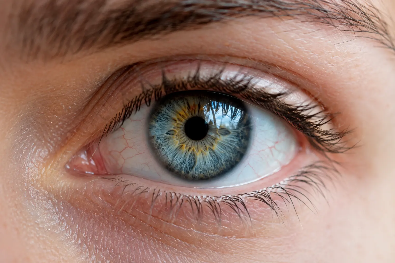 Realistic close-up of a human eye showing natural iris details, eyelashes, and skin texture