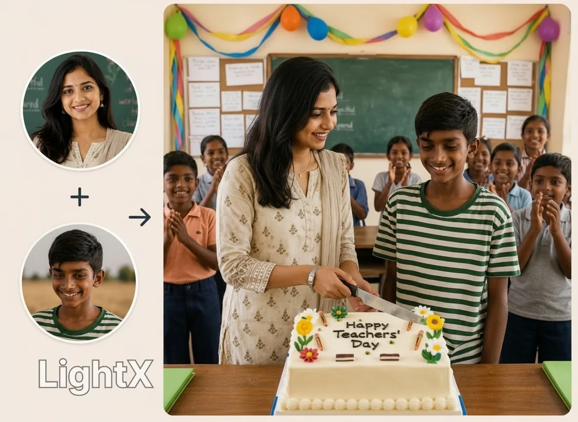Teacher and student cutting a decorated Teachers’ Day cake together during a classroom celebration