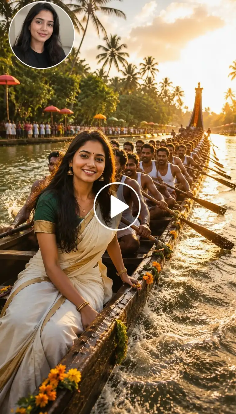 Frame screenshot of an Onam-themed video showing a person riding a traditional Kerala snake boat through lush backwaters.
