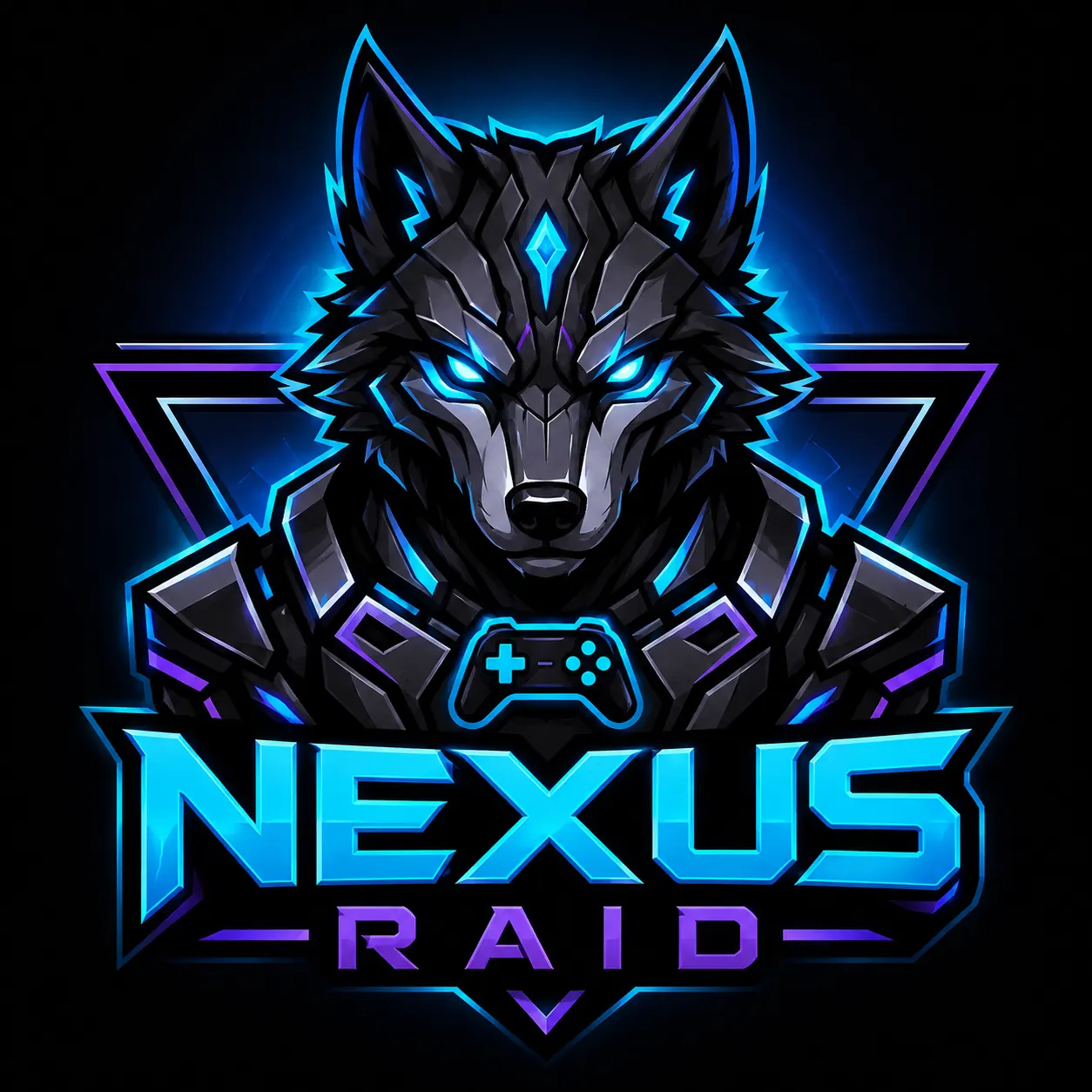 Gaming YouTube logo for Nexus Raid with a cybernetic wolf mascot in an electric cyan and violet neon color palette.