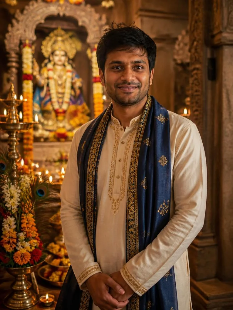 Young man in an ivory kurta during a beautifully decorated Janmashtami mandir darshan.