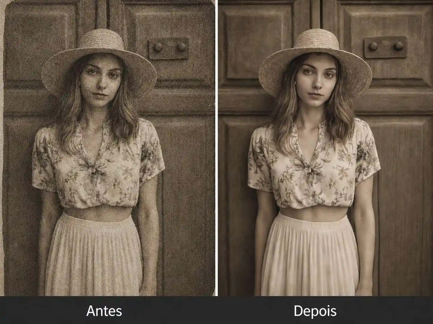 Comparação de antes e depois mostrando uma foto antiga com a granulação removida para um resultado mais limpo e nítido.